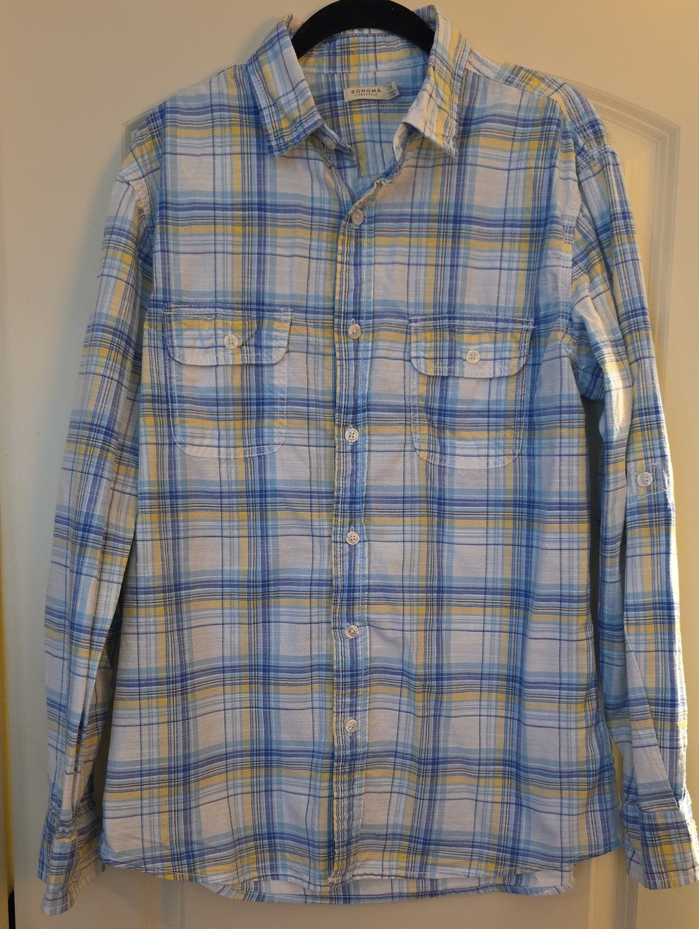 Light Blue and Yellow Plaid Button-Down Shirt - Men's Casual